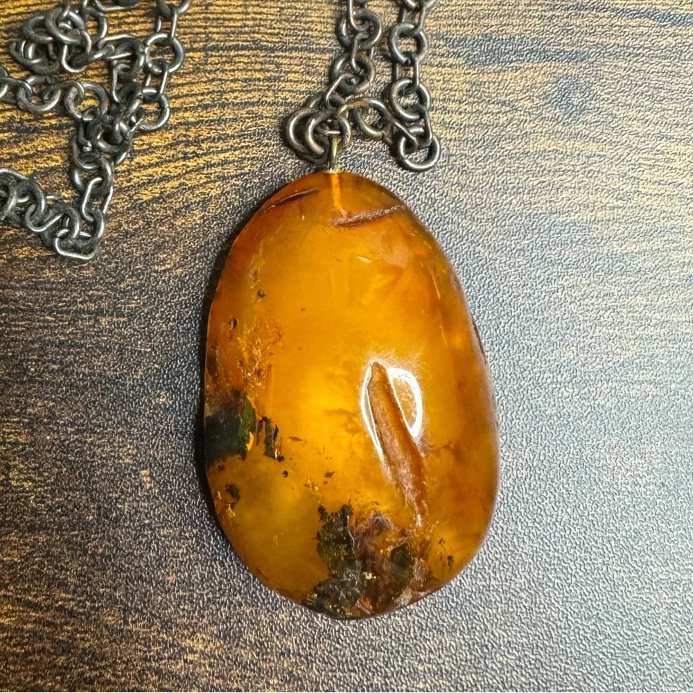Baltic Amber Free Form Pendant Necklace Butterscotch Honey Antiqued Chain 26” - Picture 10 of 16
